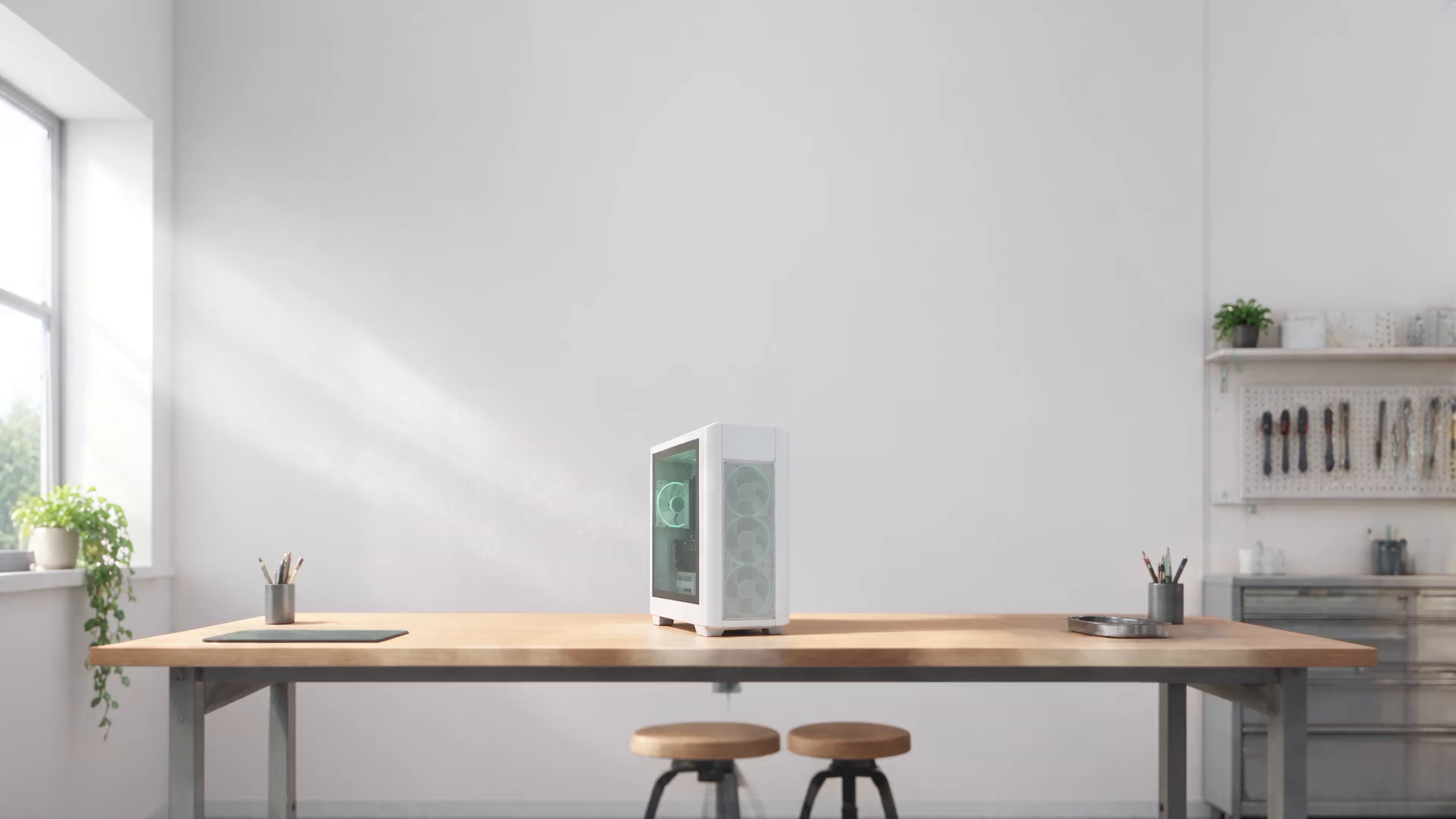 A desktop PC tower on a bright workbench